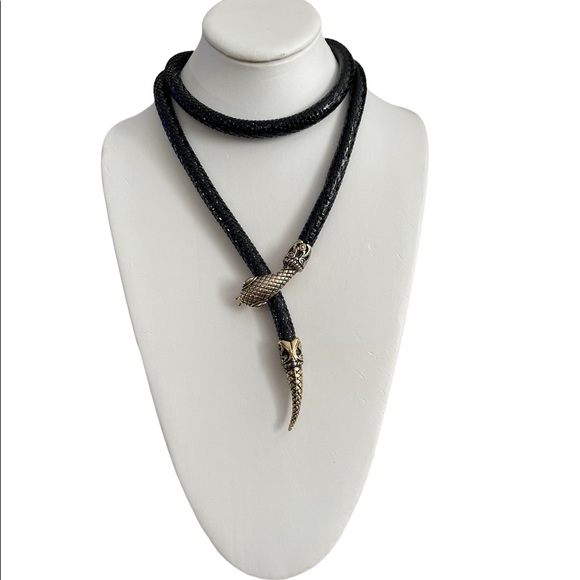 Signed DL Auld exotic golden snake head & tail black shiny mesh necklace - Picture 6 of 9